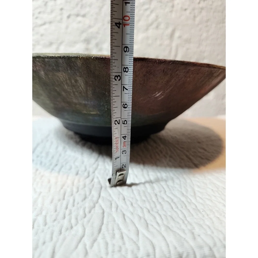 Large Raku Fired Centerpiece Bowl. Copper and Green Hues. Makers Mark. 9